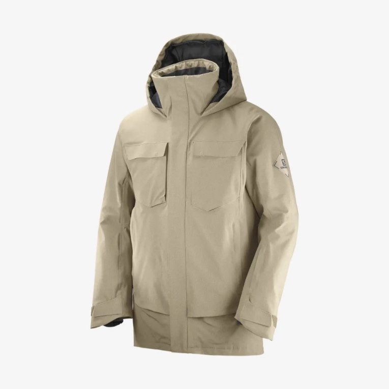 Beige Salomon Stance Cargo Insulated Hooded Men's Ski Jackets | IE JD3257